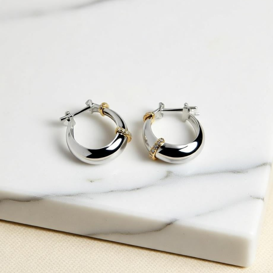 Modern Dual Tone Silver Plated CZ Stainless Steel Hoop Earrings Bulk