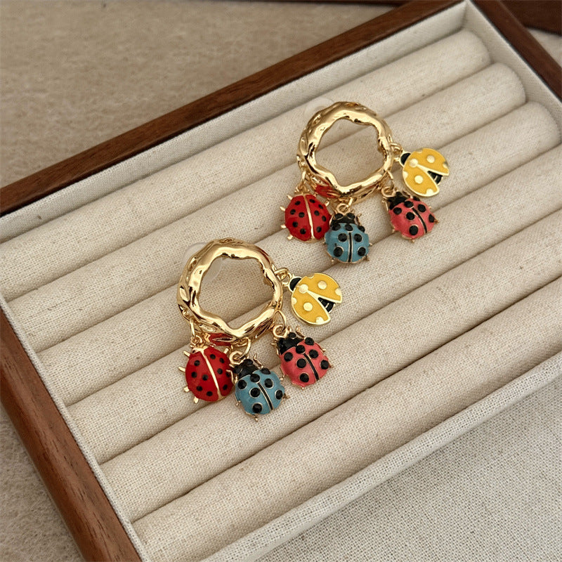 Designer Multi Color Enamel Gold Plated Ladybug Charm Hoop Earrings Bulk