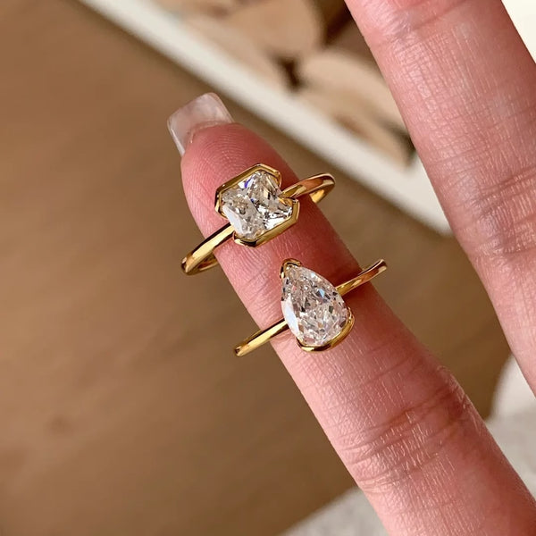 Princess Drop Solitaire CZ Gold Anti Tarnish Ring Pack Of 2 Bulk Main image