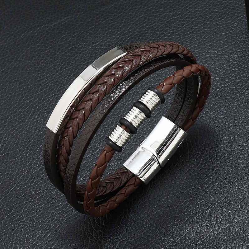 Rope Ring Black Brown Stainless Steel Multi Layer Wrist Band Id Leather Bracelet For Men