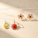 Designer Floral Sun & Moon Mismatch Gold Enamel Drop Earrings Wholesale