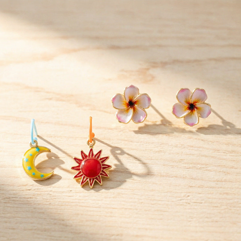 Designer Floral Sun & Moon Mismatch Gold Enamel Drop Earrings Wholesale