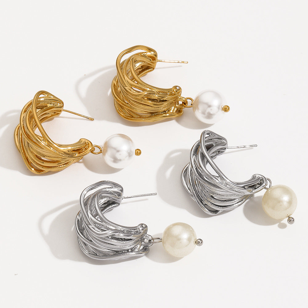 18K Gold Silver Pearl Stainless Steel Anti Tarnish Hoop Earrings Bulk