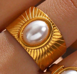 Multi Gemstone 18K Gold Turquoise Tiger Eye Pearl Anti Tarnish Stainless Steel Band Ring For Women