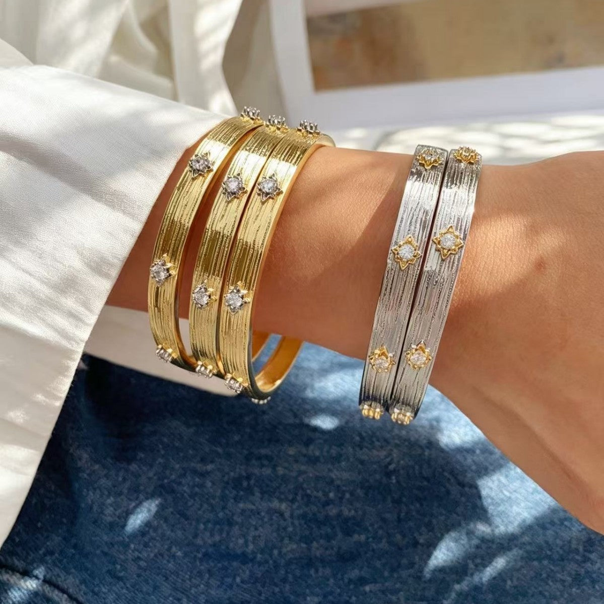 Designer Dual Tone Gold Silver CZ Copper Textured Bracelet Ring Set Bulk