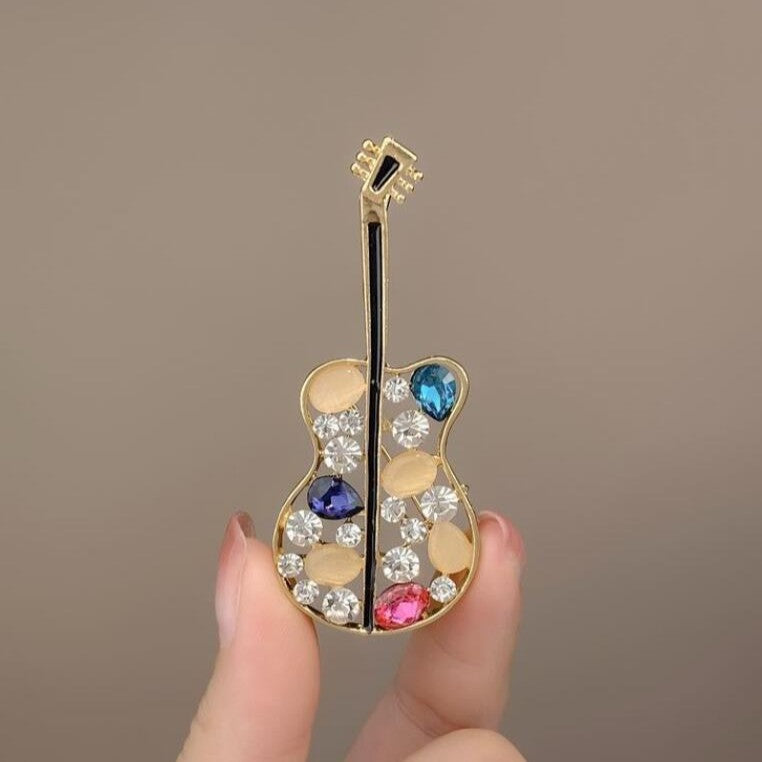 Multi Color Guitar Gold Rhinestone Brooch For Women Bulk