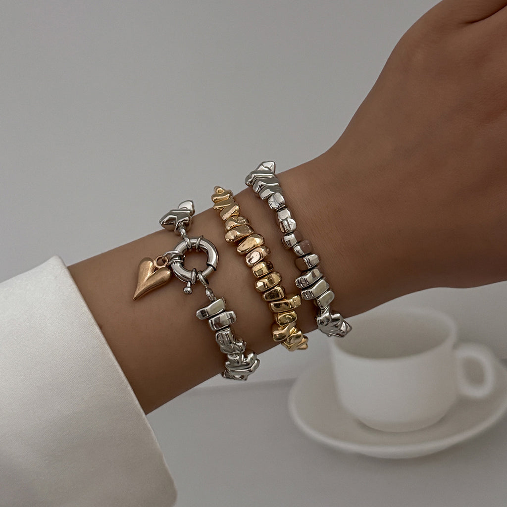 Layered Heart Elastic Stretchable Dual Tone Gold Silver Bracelet Bulk