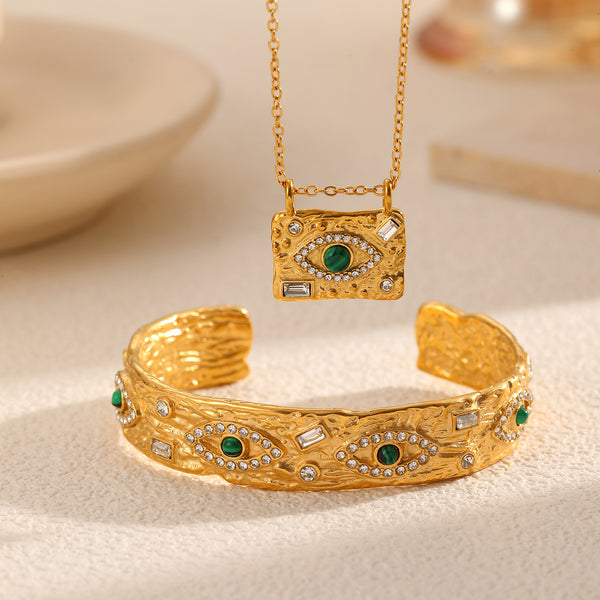Green Evil Eye Gold CZ Stainless Steel Necklace & Cuff Bracelet Bulk Main image