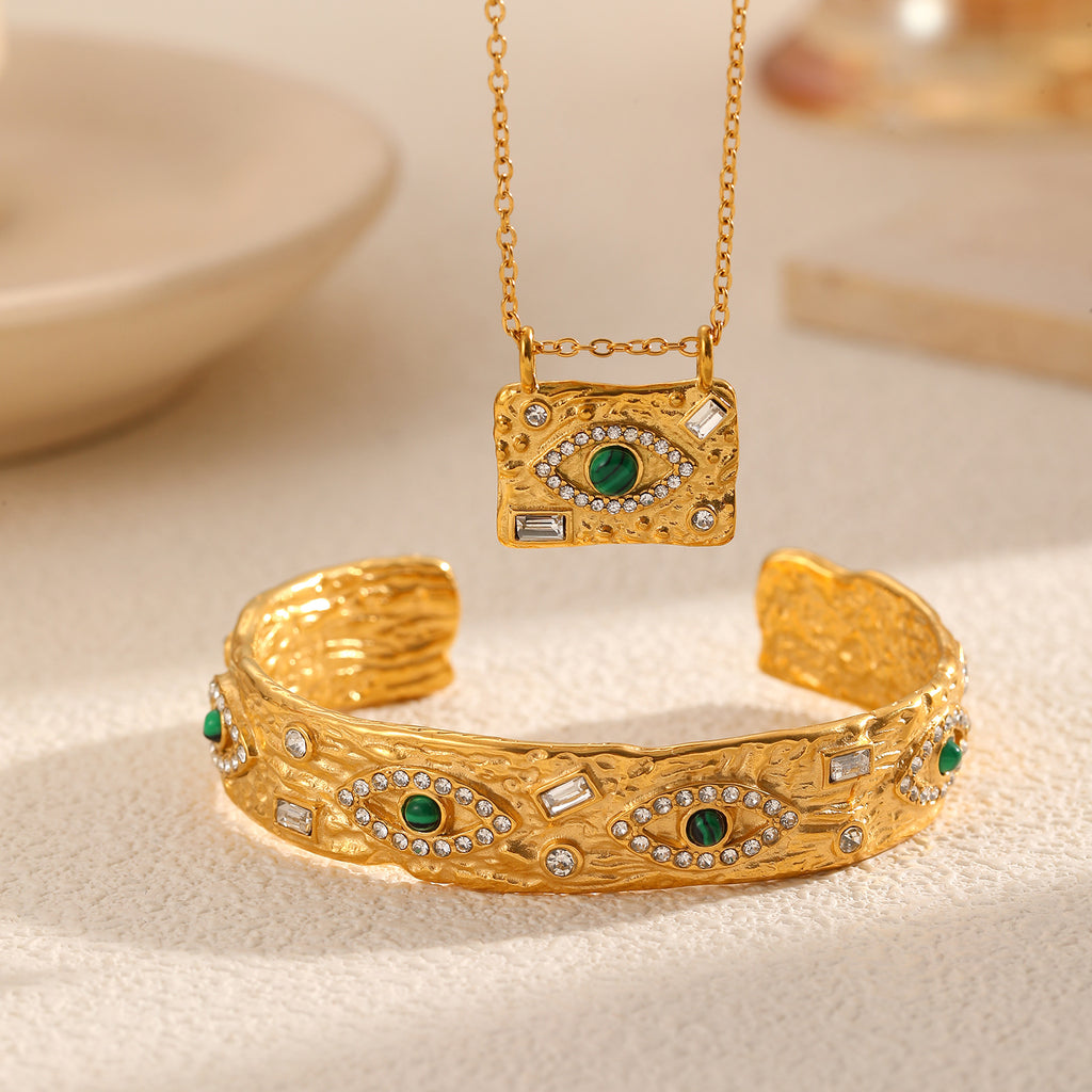 Green Evil Eye Gold CZ Stainless Steel Necklace & Cuff Bracelet Bulk