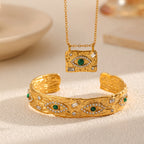 Green Evil Eye Gold CZ Stainless Steel Necklace & Cuff Bracelet Bulk