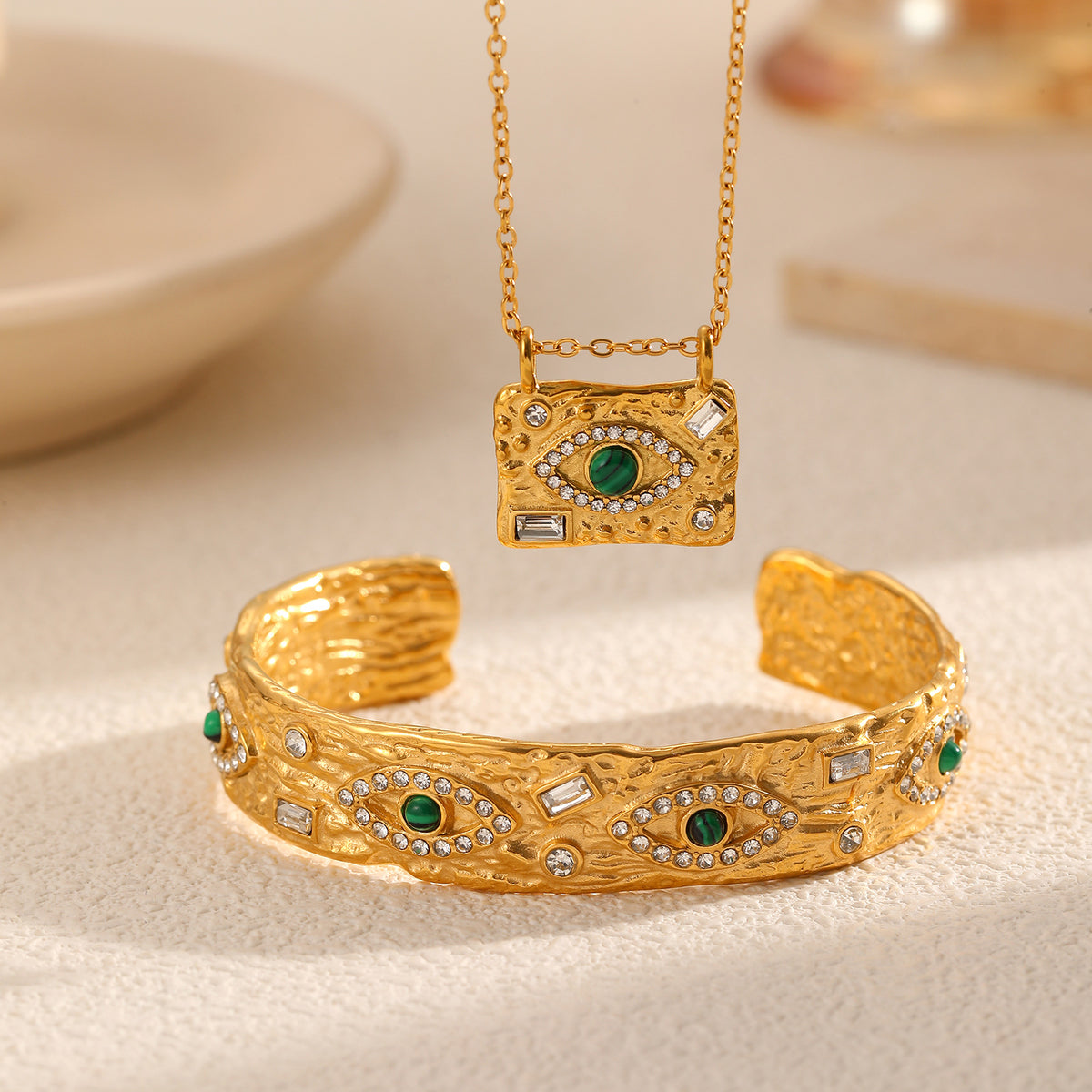 Green Evil Eye Gold CZ Stainless Steel Necklace & Cuff Bracelet Bulk