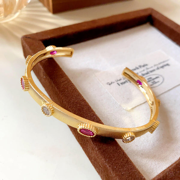 Oval Red White Cubic Zirconia 18k Gold Anti Tarnish Cuff Kada Bracelet For Women  1# Bracelet-Gold-Flower Main image