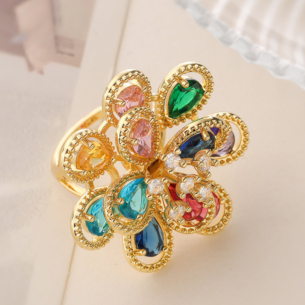 Flower Rainbow Solitaire On Surface Gold CZ Anti Tarnish Ring Bulk