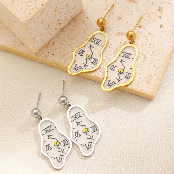 Abstract Clock Design Gold Silver Enamel Copper Drop Earrings Wholesale Main image