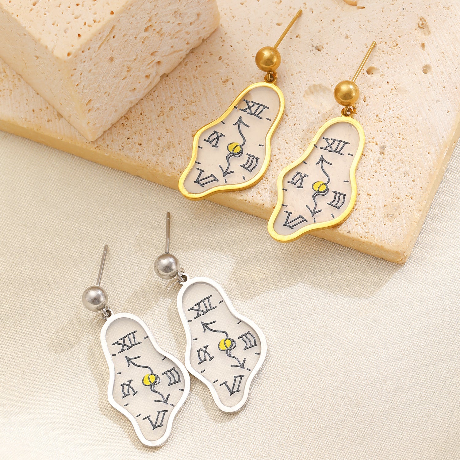 Abstract Clock Design Gold Silver Enamel Copper Drop Earrings Wholesale
