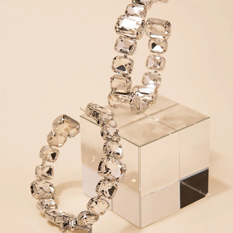 Square Rectangle Rhinestone Gold Silver Hoop Earring For Women Main image