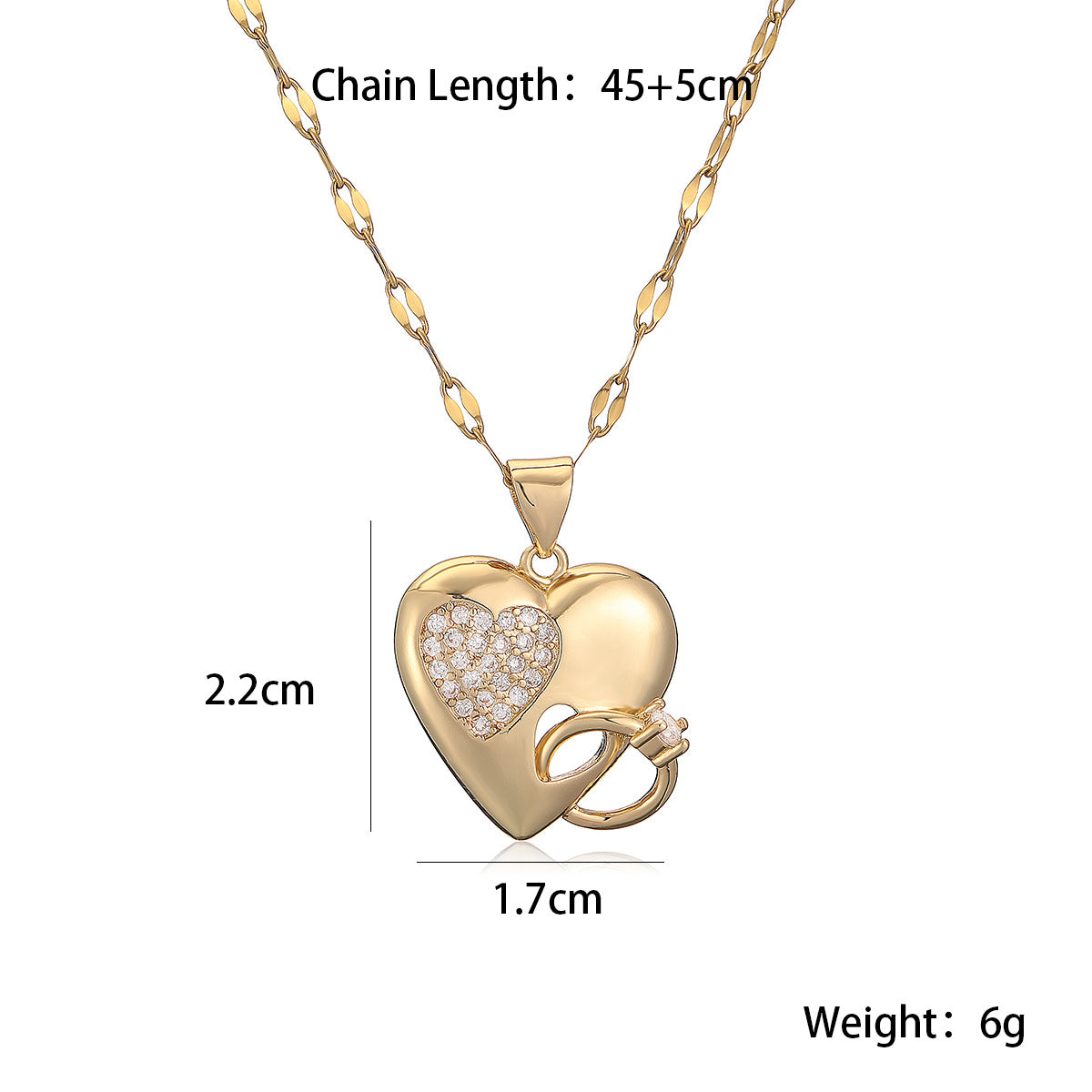 Joint Heart Ring 18K Gold Cubic Zirconia Necklace Pendant Chain Bulk