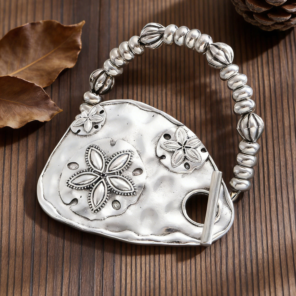 Designer Textured Oval Plate Sand Dollar Charm Silver Bracelet Bulk