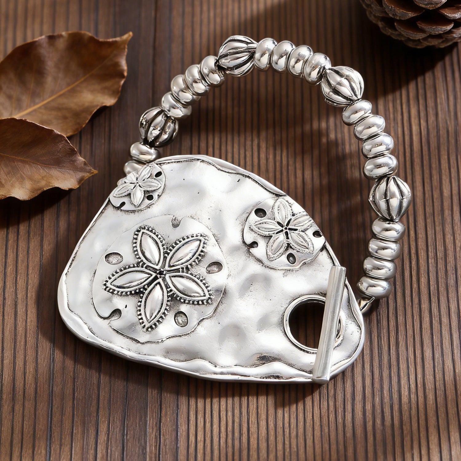 Designer Textured Oval Plate Sand Dollar Charm Silver Bracelet Bulk