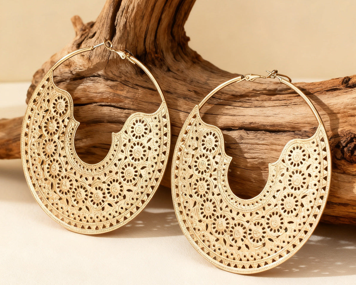 Gold Bohemian Hollow Floral Plain Jewellery Hoop Earrings For Women Bulk