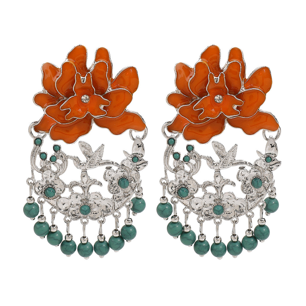 Multi Color Ethnic Style Floral Silver Enamel Dangler Earrings Bulk