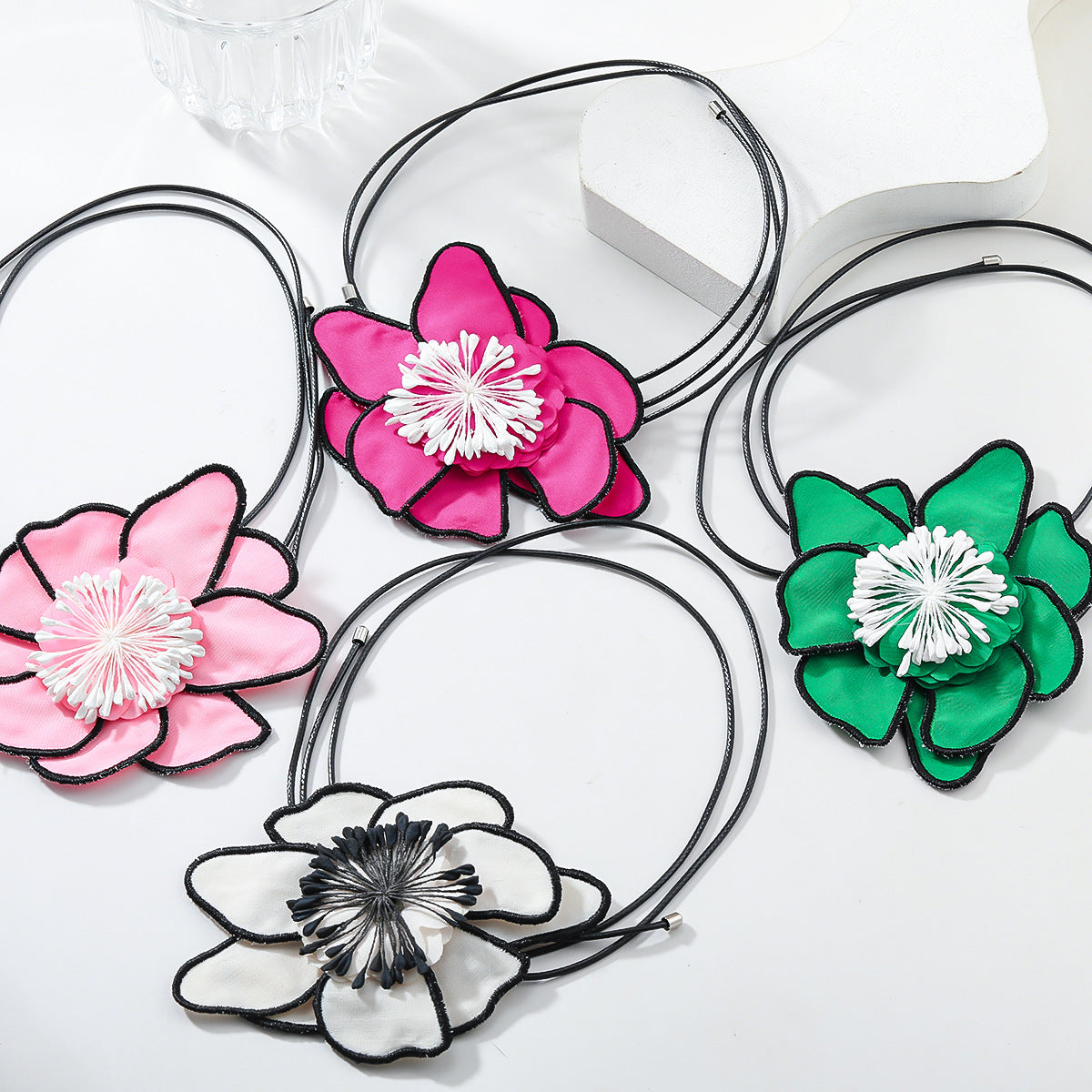 Flower Colorful Pink Green White With Black Boarder Cloth Necklace For Women