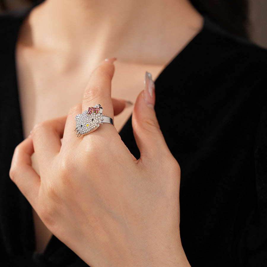Kitty Cat Face Cubic Zirconia Silver Free Size Ring For Women Bulk