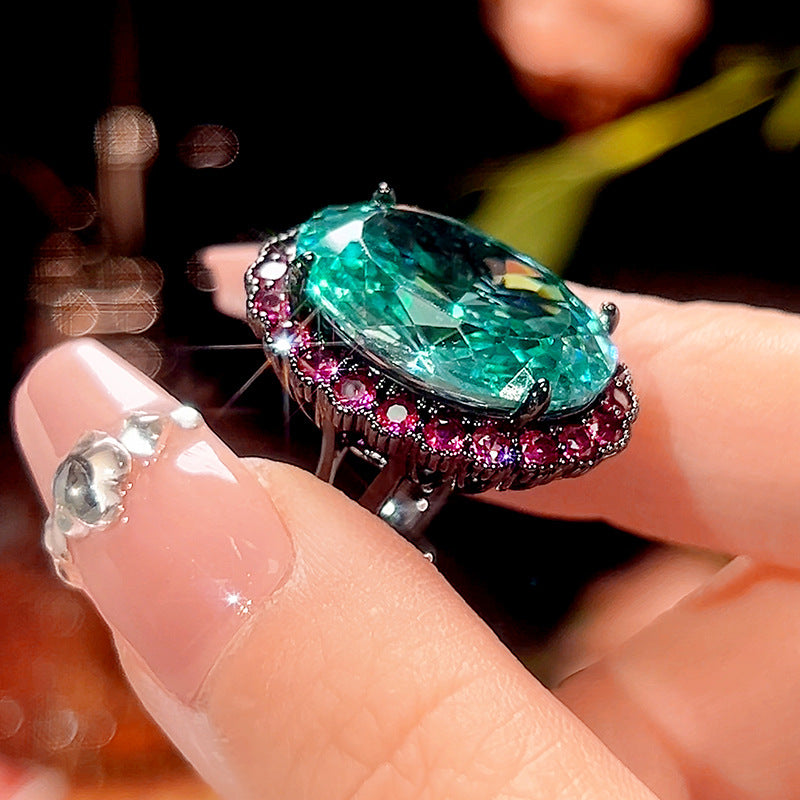 Oval Emerald Green Pink Gold Crystal Anti Tarnish Adjustable Ring Bulk