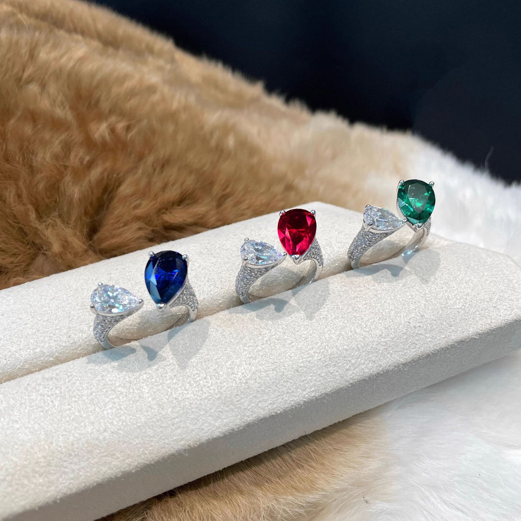 Dual Drop Solitaire CZ Silver Red Green Blue Anti Tarnish Ring Bulk