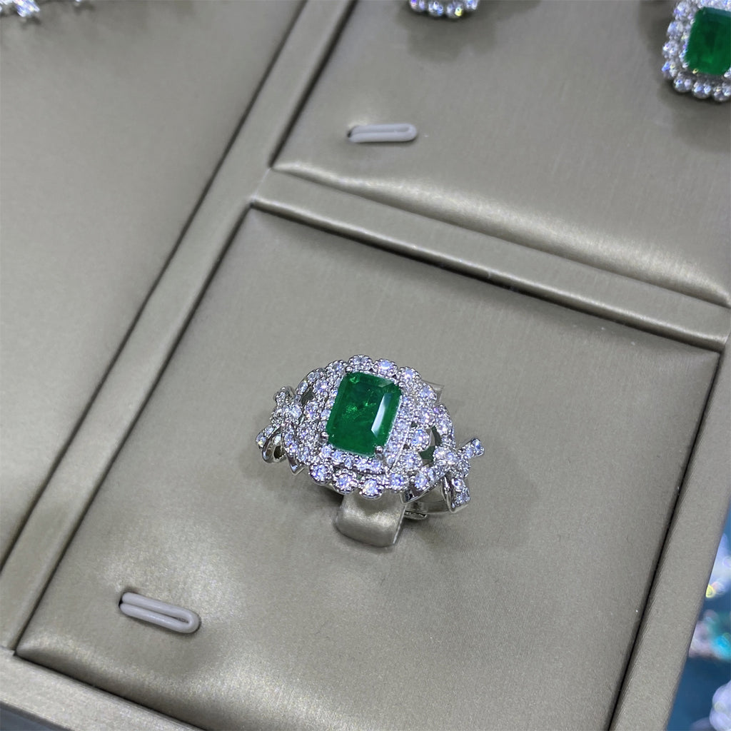 Bow Design Emerald Cut Green CZ Silver Copper Necklace Combo Set Bulk