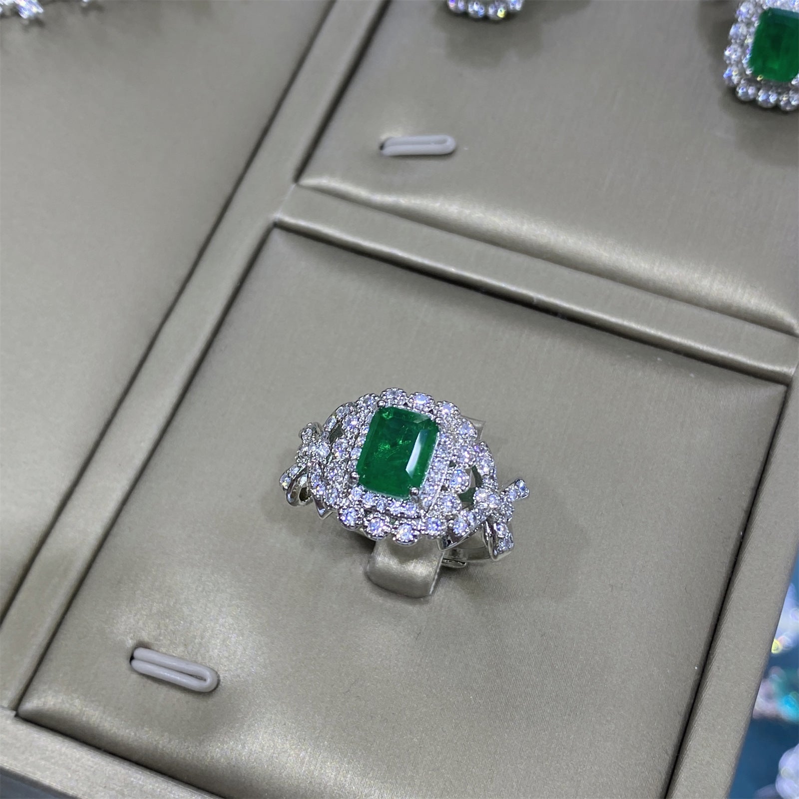 Bow Design Emerald Cut Green CZ Silver Copper Necklace Combo Set Bulk