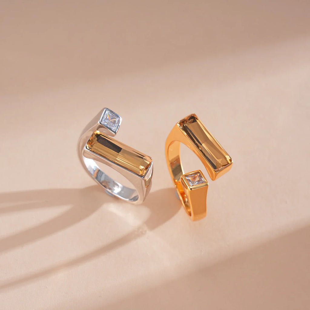 Gold Silver Baguette Crystal Copper Adjustable Ring For Women