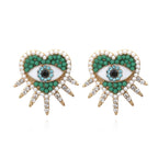 Evil Eye Heart 18K Gold Plated Green Cubic Zirconia Stud Earrings Bulk