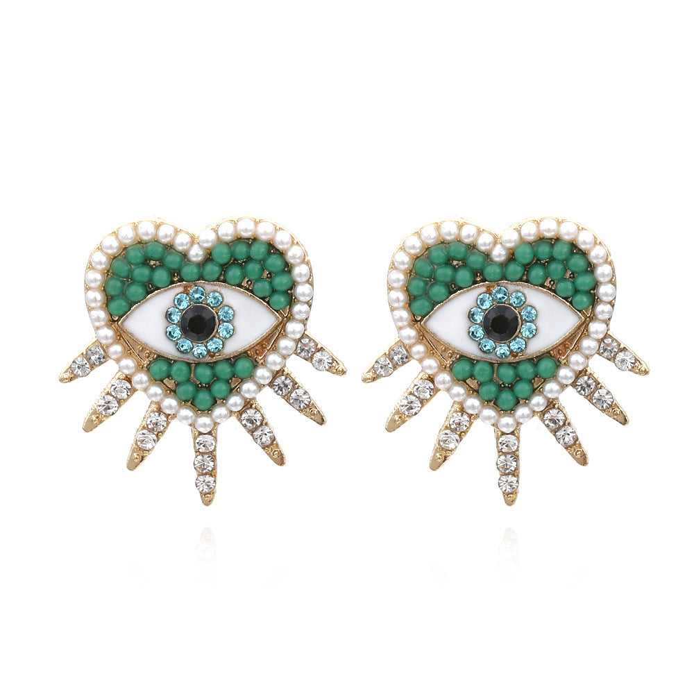 Evil Eye Heart 18K Gold Plated Green Cubic Zirconia Stud Earrings Bulk