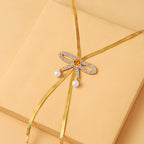 Bow Rhinestone Pearl 18K Gold Necklace Snake Chain For Women Bulk