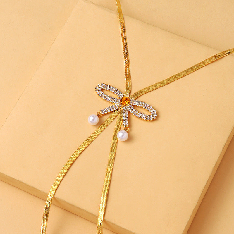 Bow Rhinestone Pearl 18K Gold Necklace Snake Chain For Women Bulk