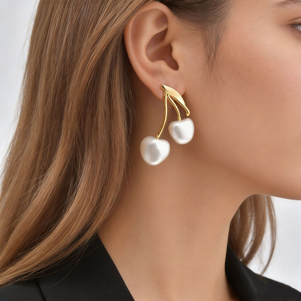 White Cherry Gold Pearl Anti Tarnish Copper Dangler Earrings Women Bulk