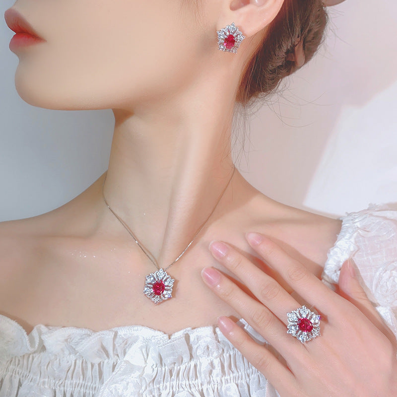 Flower Red Gemstone Silver CZ Necklace Earring Ring Set Bulk