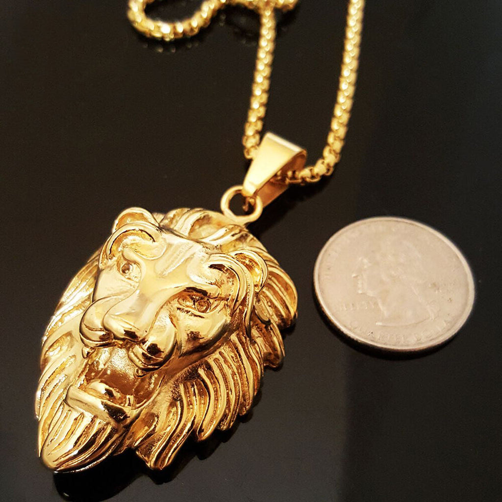 Hip Hop Iced Out Lion King Kings Landing Gold Rhinestone Crystal Stainless Steel Pendant Chain