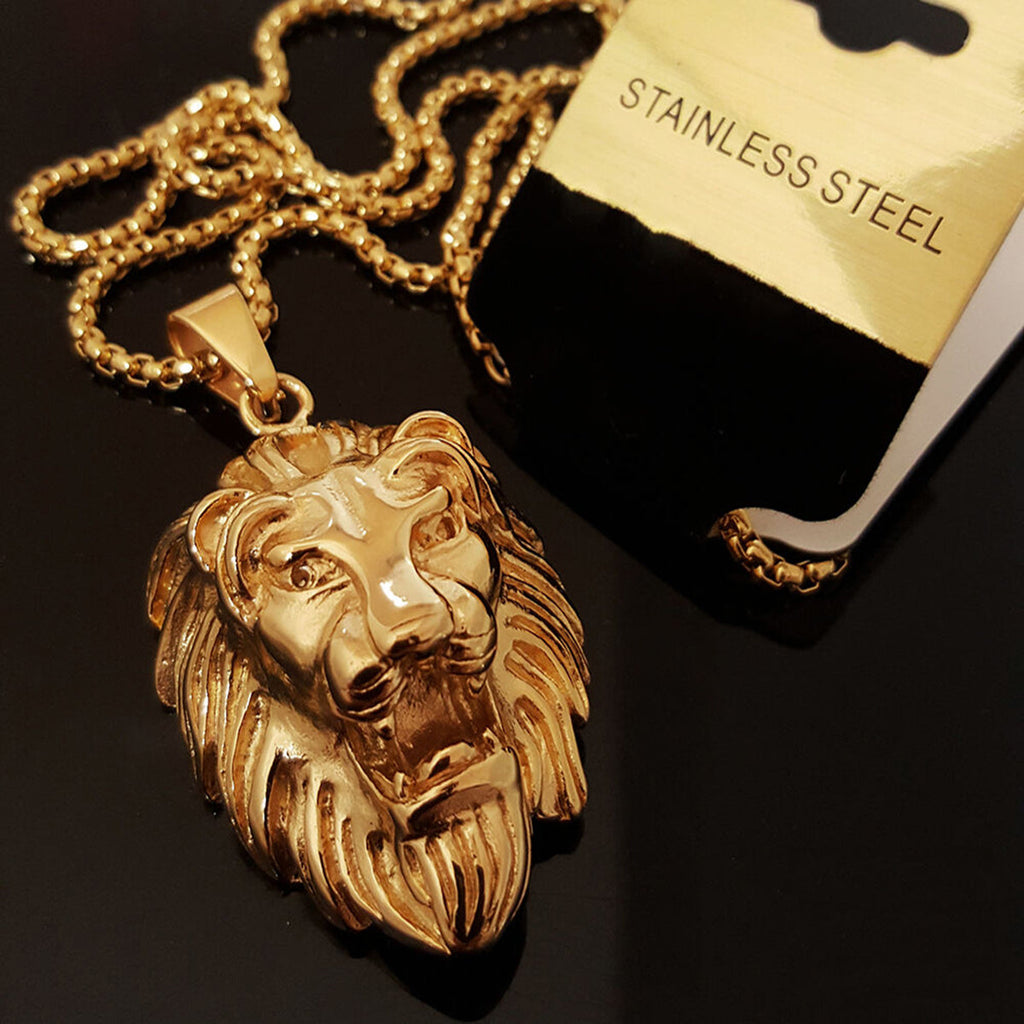 Hip Hop Iced Out Lion King Kings Landing Gold Rhinestone Crystal Stainless Steel Pendant Chain