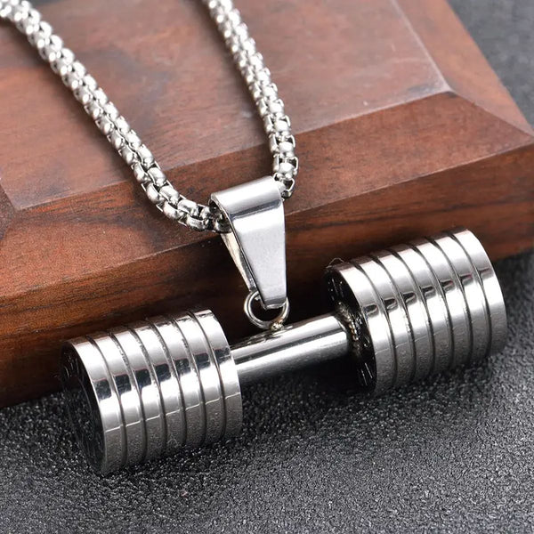 Barbell Dumbell Macho Large Heavy Silver Stainless Steel Pendant Chain Main image