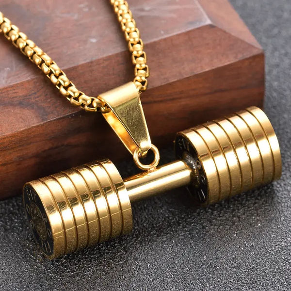 Barbell Dumbell Macho Large Heavy Gold Stainless Steel Pendant Chain Main image