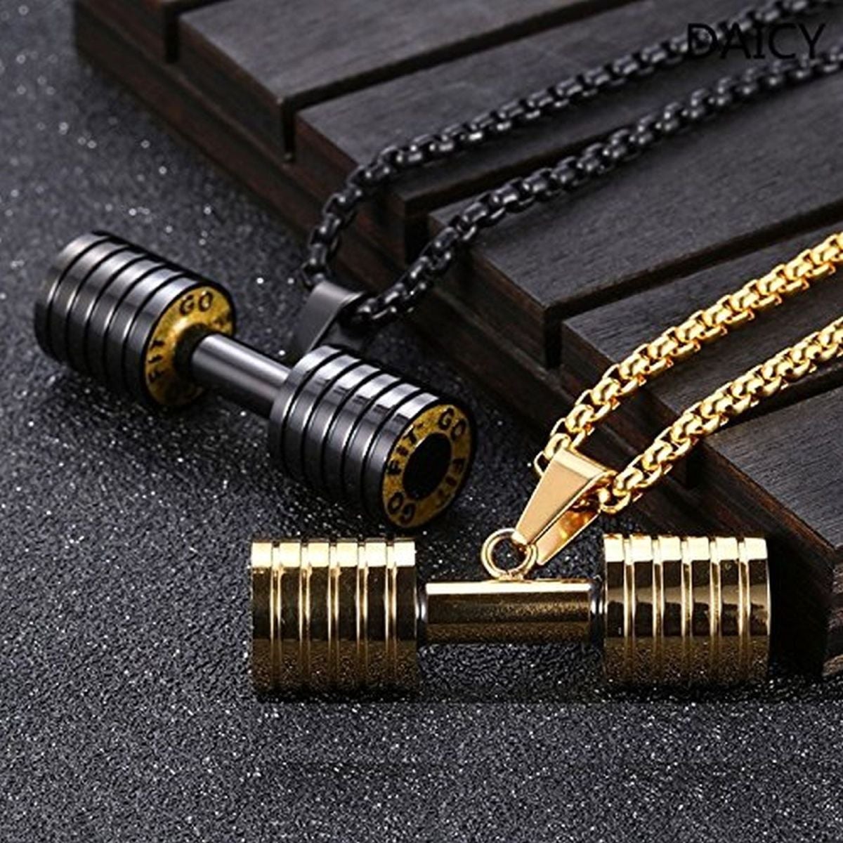 Barbell Dumbell Macho Large Heavy Black Stainless Steel Pendant Chain
