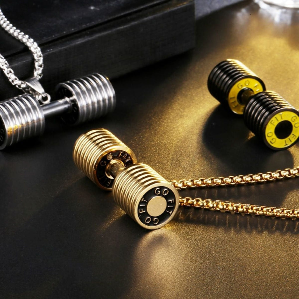 Barbell Dumbell Macho Large Heavy Black Stainless Steel Pendant Chain