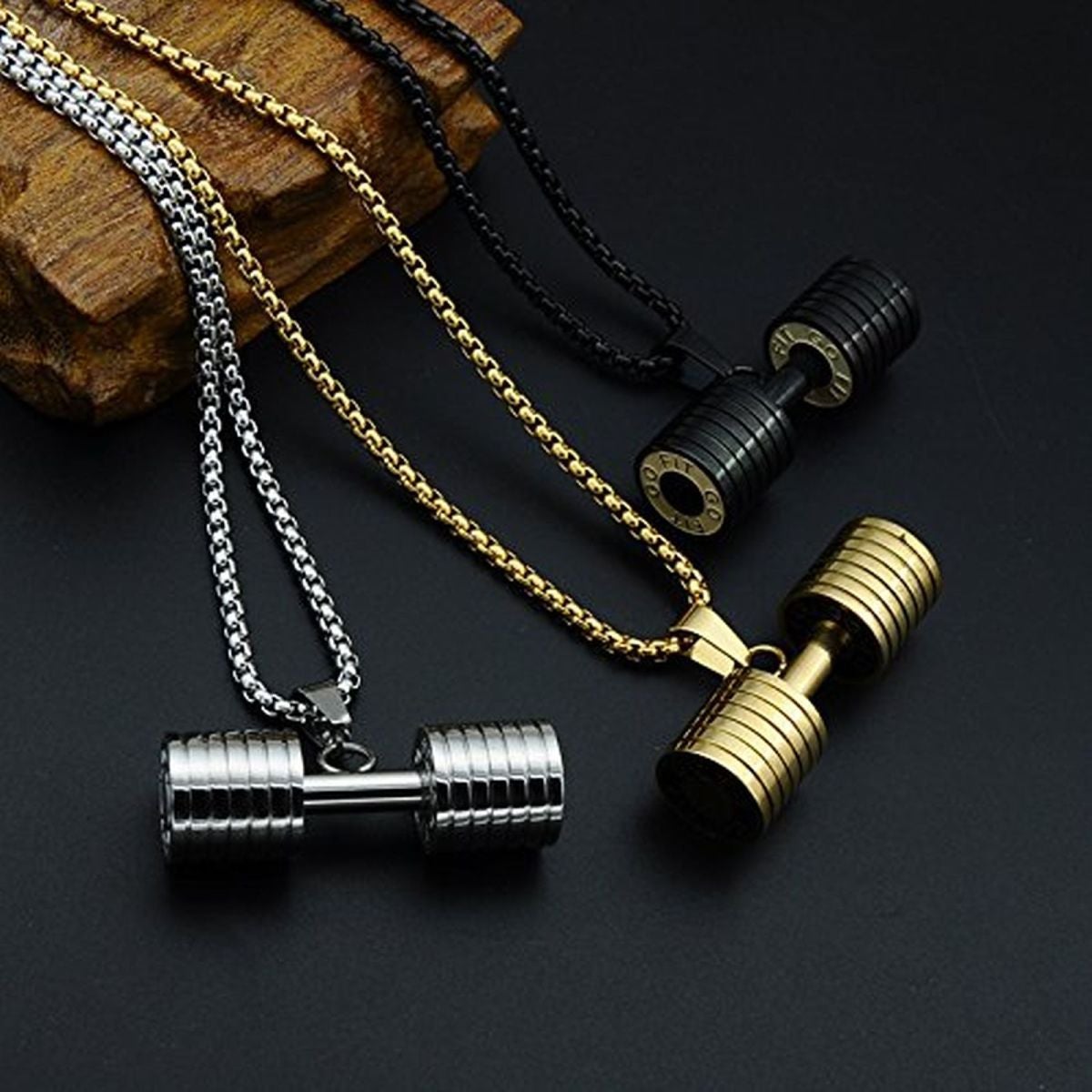 Barbell Dumbell Macho Large Heavy Black Stainless Steel Pendant Chain