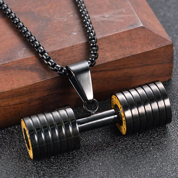 Barbell Dumbell Macho Large Heavy Black Stainless Steel Pendant Chain Main image