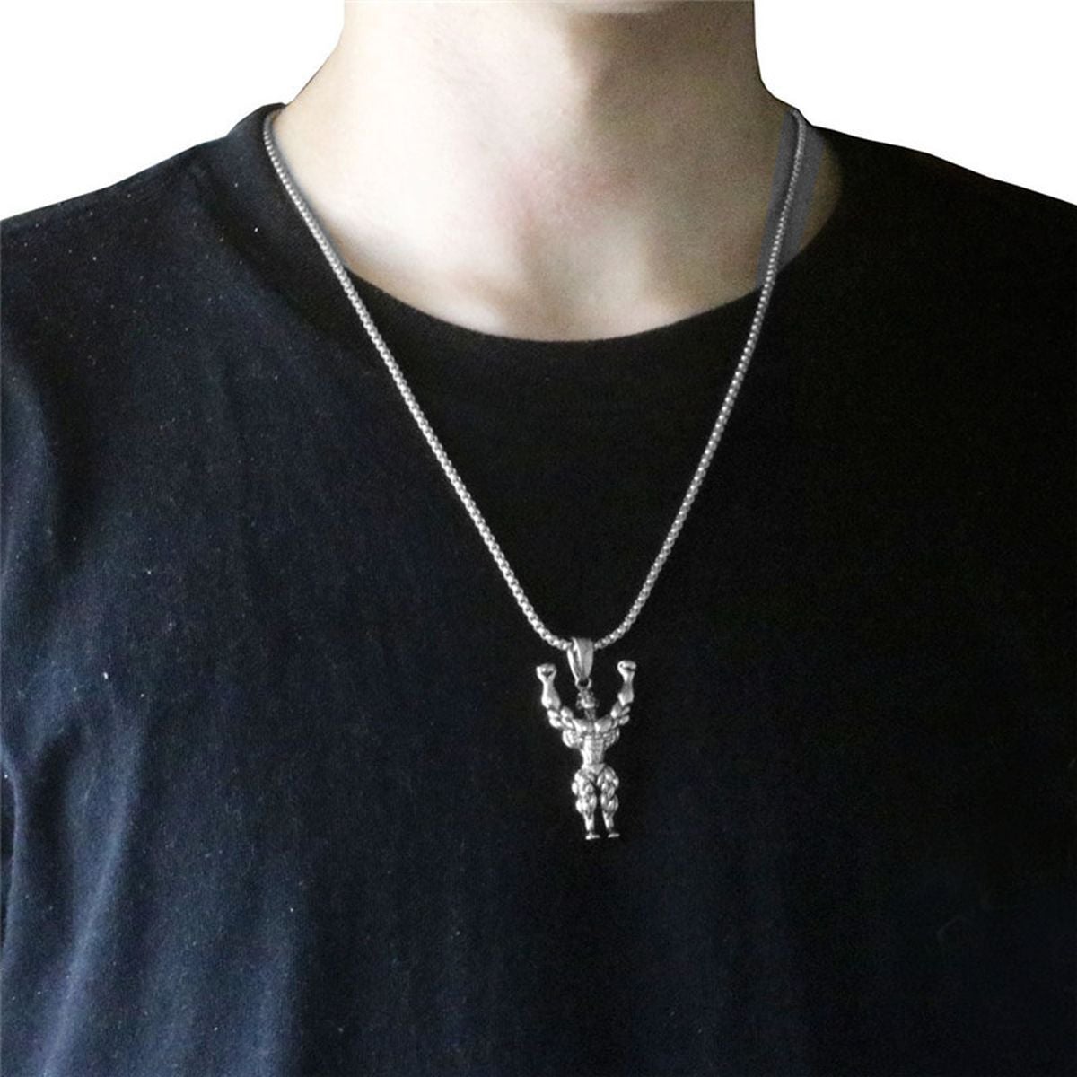 Gym Fitness Body Builder Wrestler Silver Stainless Steel Pendant Chain