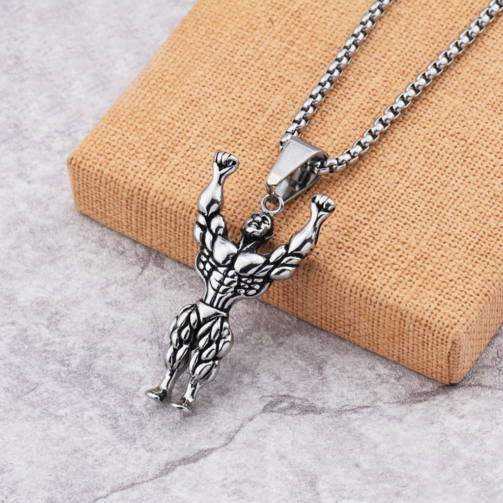 Gym Fitness Body Builder Wrestler Silver Stainless Steel Pendant Chain