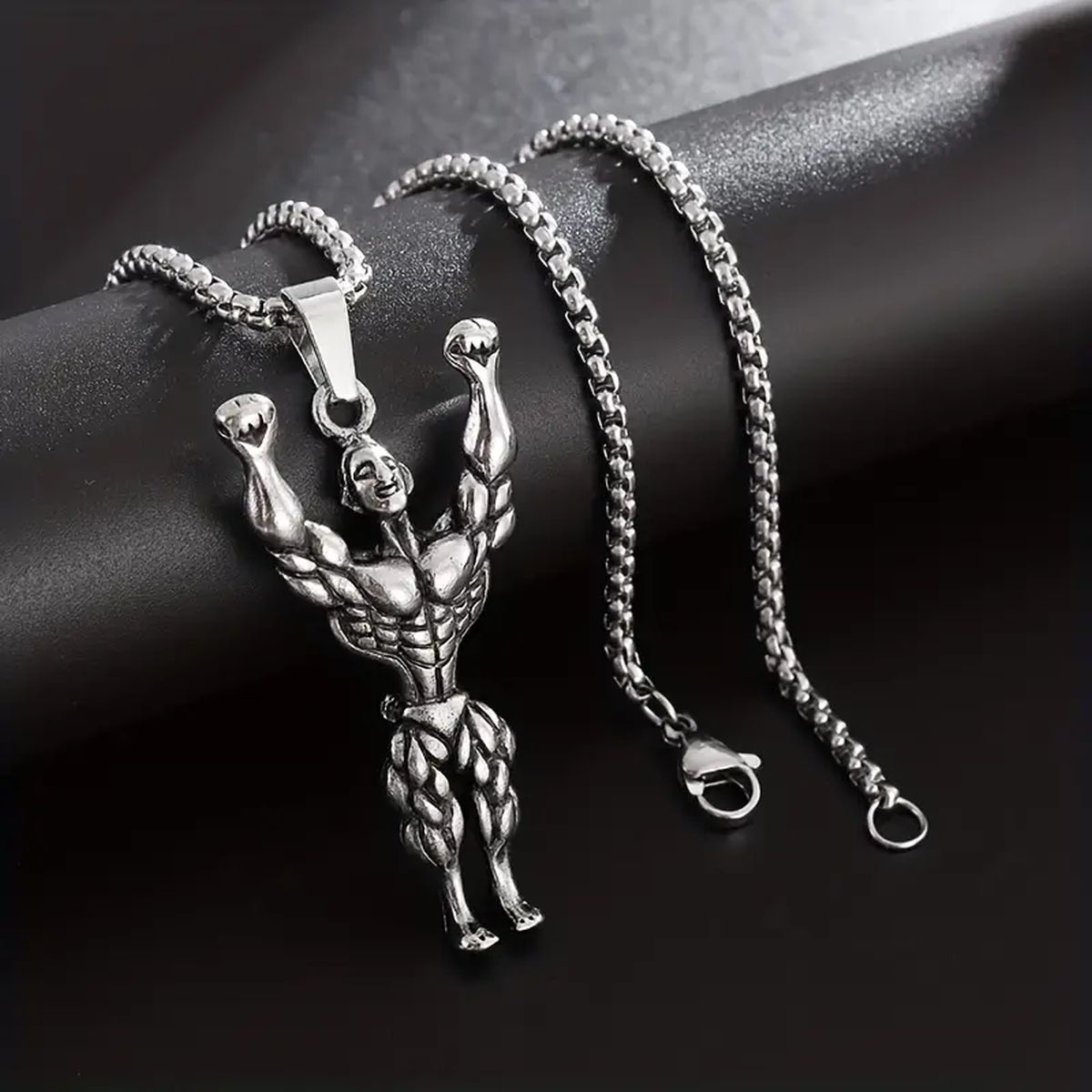 Gym Fitness Body Builder Wrestler Silver Stainless Steel Pendant Chain Main image