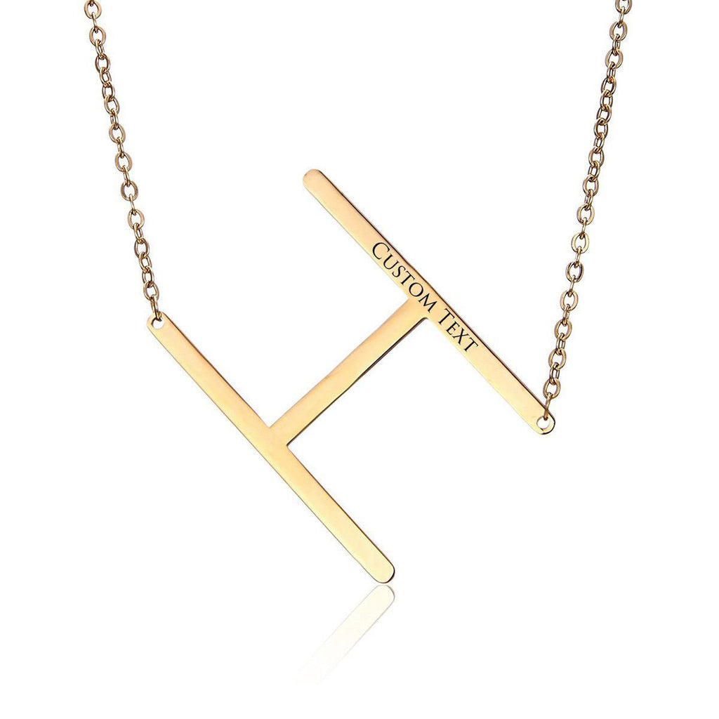 Sideways Alphabet Initial Large All Letter Personalised Customized Engraved Gold Stainless Steel Pendant Necklace
